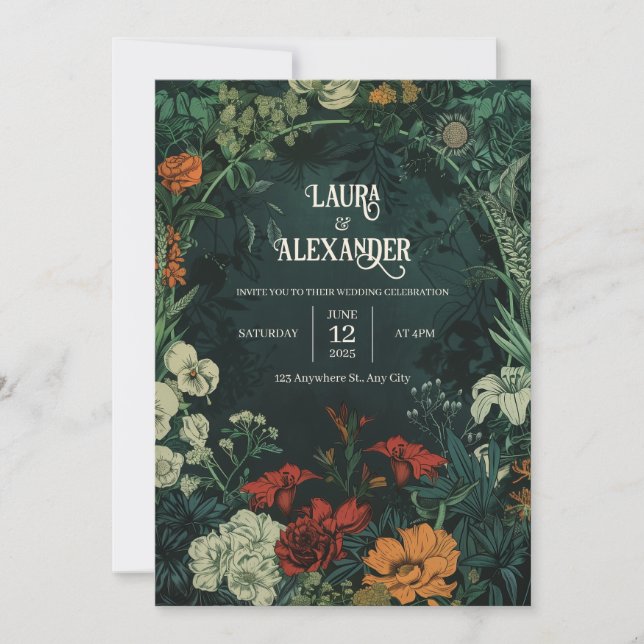 Invitaciones de boda florales oscuras vintage (Anverso)