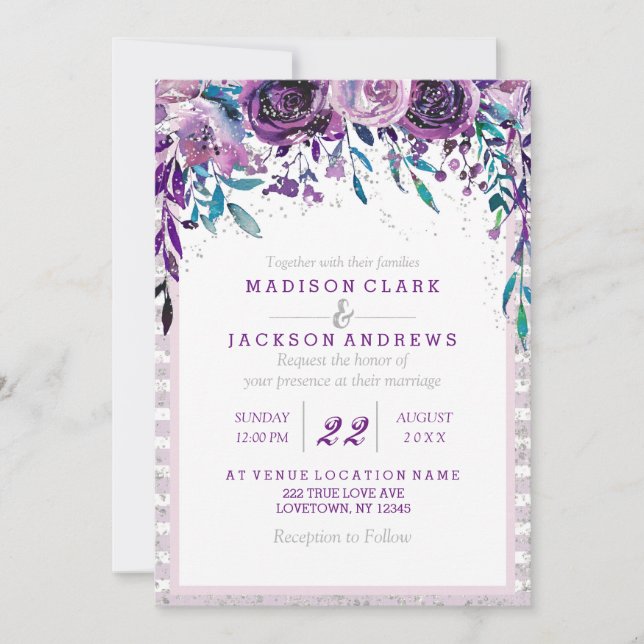 Invitaciones de boda florales púrpura y plateadas (Anverso)