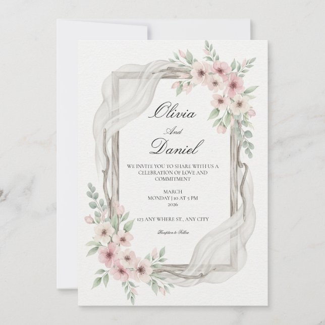 Invitaciones de boda florales Rosa suave (Anverso)