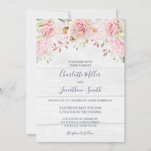 Invitaciones de boda florales rosadas rústicas de  (Anverso)