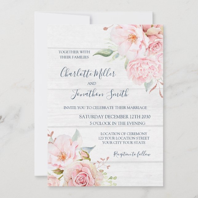 Invitaciones de boda florales rosadas rústicas de  (Anverso)