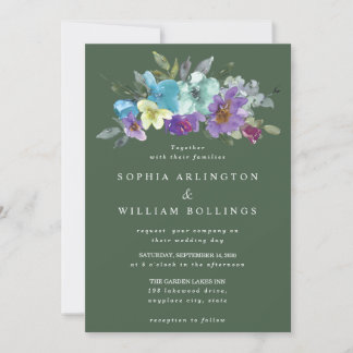Invitaciones de boda florales verde y púrpura