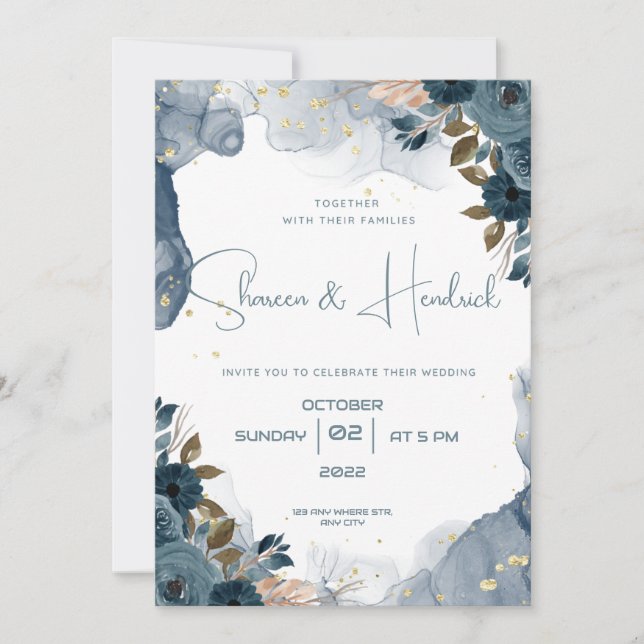 Invitaciones de boda Fondo Floral de tinta de alco (Anverso)