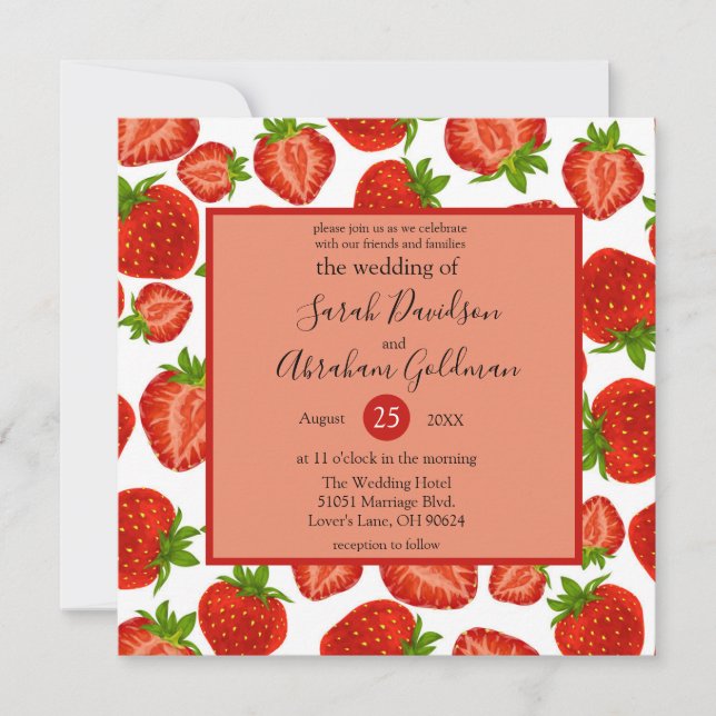 Invitaciones de Boda - Fresas Botánicas Rojo (Anverso)