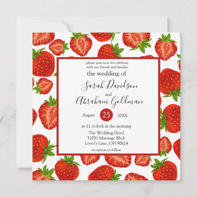 Invitaciones de Boda - Fresas Botánicas Rojo (Anverso)