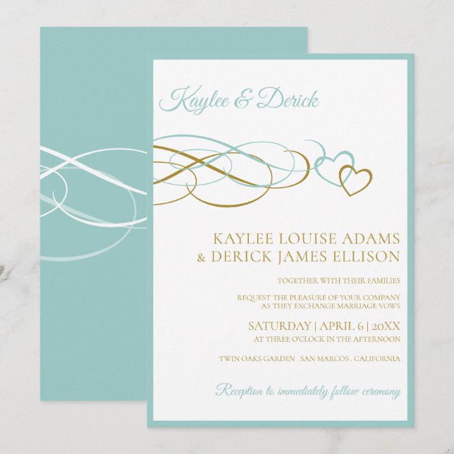 Invitaciones de Boda Hearts | Turquesa Claro y Dor (Anverso / Reverso)