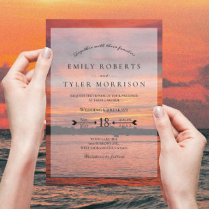 Invitaciones de boda junto al lago con puesta de s