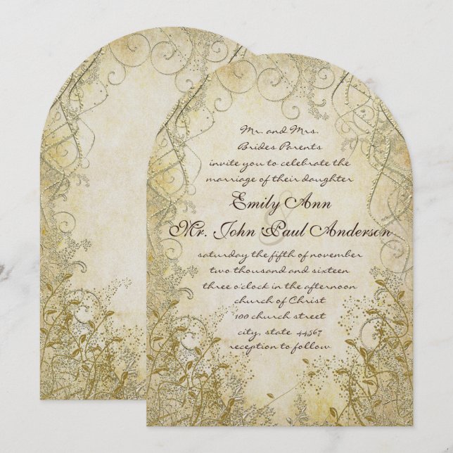 Invitaciones de boda metálicas doradas con remolin (Anverso / Reverso)