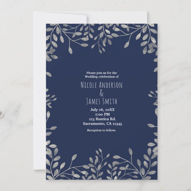 Invitaciones de boda modernas botánicas azul y pla (Anverso)