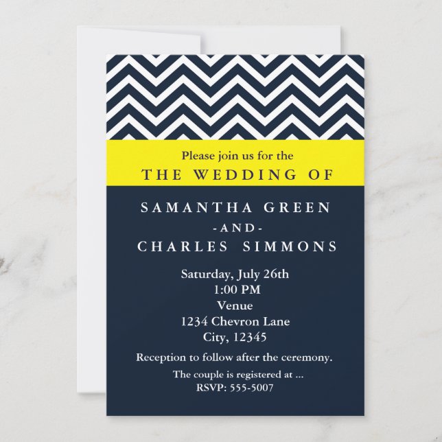 Invitaciones de boda modernas Chevron azul y amari (Anverso)