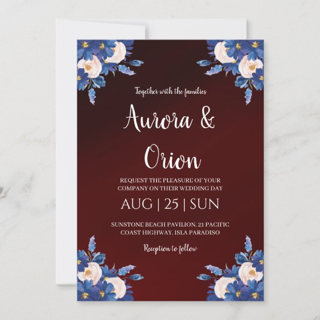 invitaciones de boda modernas en azul marino y bur (Anverso)
