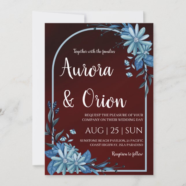 invitaciones de boda modernas en azul marino y bur (Anverso)