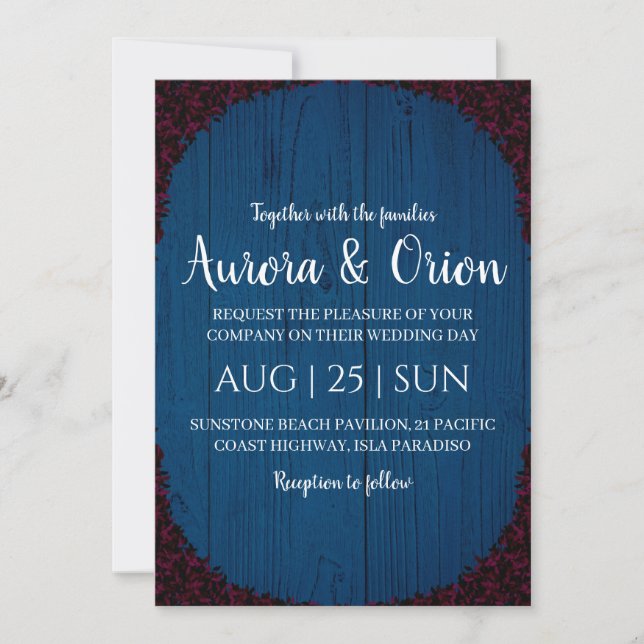 invitaciones de boda modernas en azul marino y bur (Anverso)