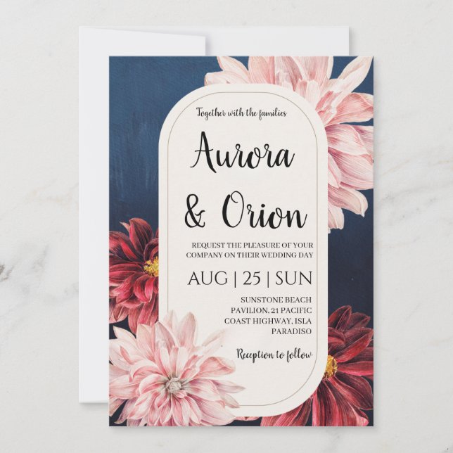 invitaciones de boda modernas en azul marino y bur (Anverso)