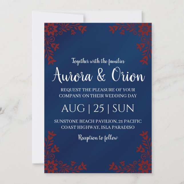invitaciones de boda modernas en azul marino y bur (Anverso)