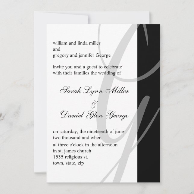 Invitaciones De Boda Monograma G Blanco Y Negro (Anverso)