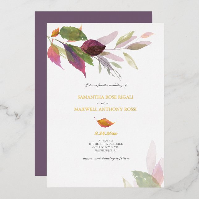 Invitaciones de Boda Moradas para Otoño (Anverso/Reverso)