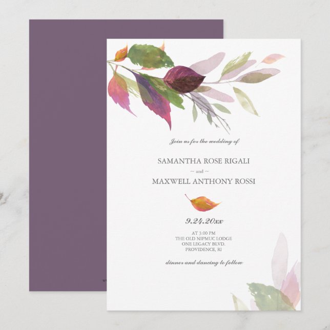 Invitaciones de boda moradas para Otoño (Anverso / Reverso)