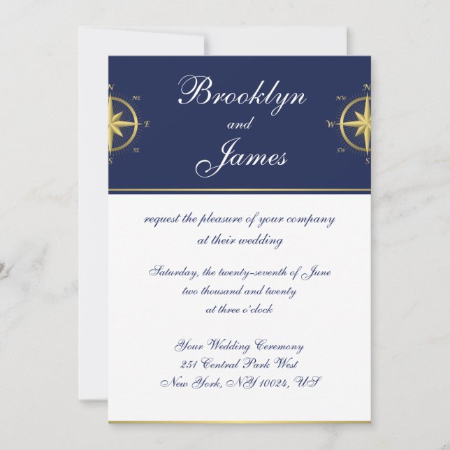 Invitaciones de boda náutica Brújula de oro (Anverso)