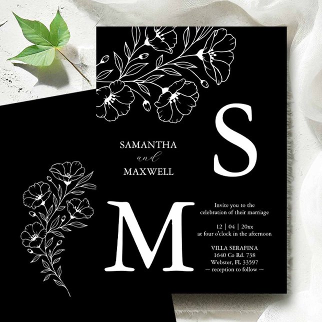 Invitaciones de Boda Negras (Flat lay of black and white wedding invitations to buy with line art by Victoria of Do Tell A Belle)