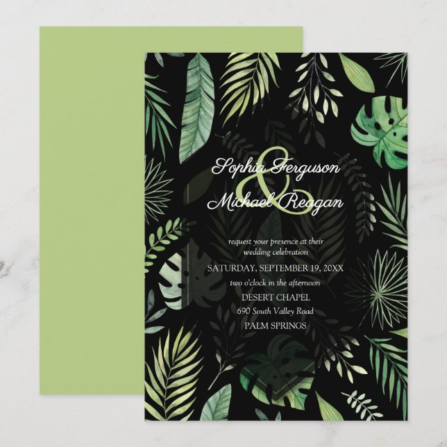 Invitaciones de Boda Negras Botánicas con Vegetaci (Anverso / Reverso)