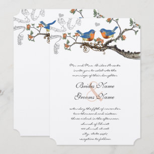 Invitaciones de boda pájaros azules coral vintage