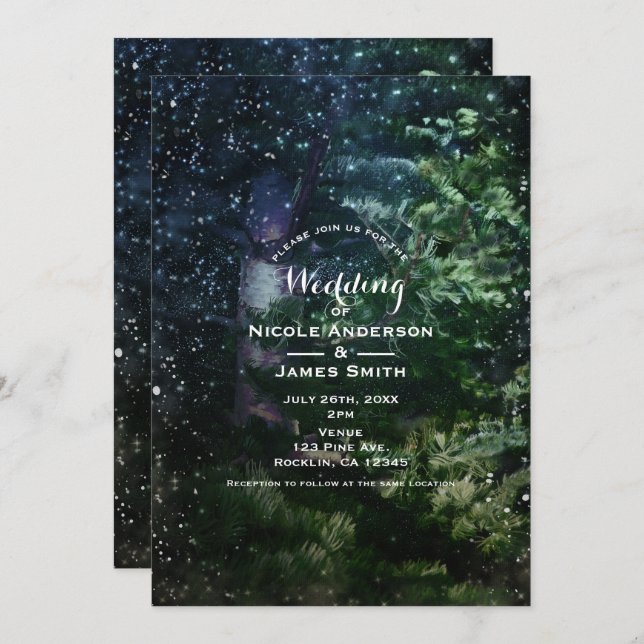 Invitaciones de boda para bosque invernal de noche (Anverso / Reverso)
