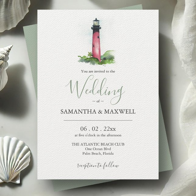 Invitaciones de Boda Personalizadas con Faro en Ac (Beach wedding invitations watercolor Jupiter Lighthouse in Florida art by Victoria Grigaliunas)