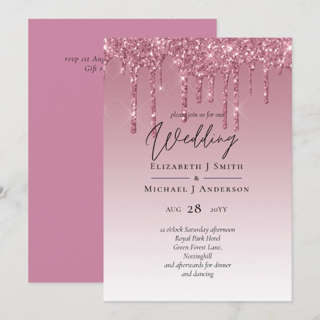 Invitaciones de boda Purpurina rosa para el presup (Anverso / Reverso)
