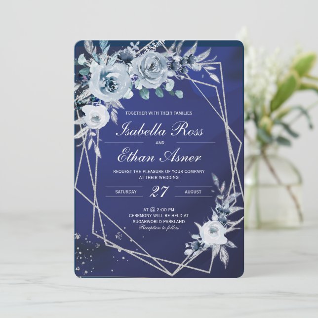 Invitaciones De Boda Real Azul Y Plata (Anverso de pie)