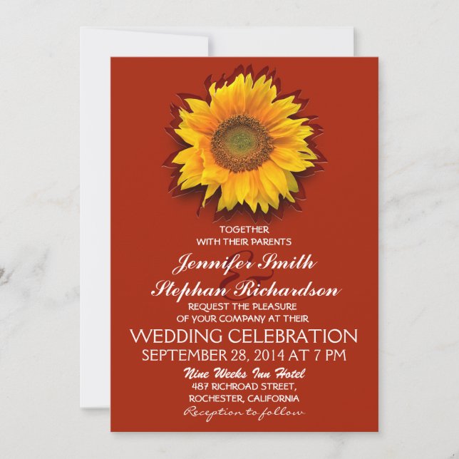 invitaciones de boda rojas con girasol (Anverso)