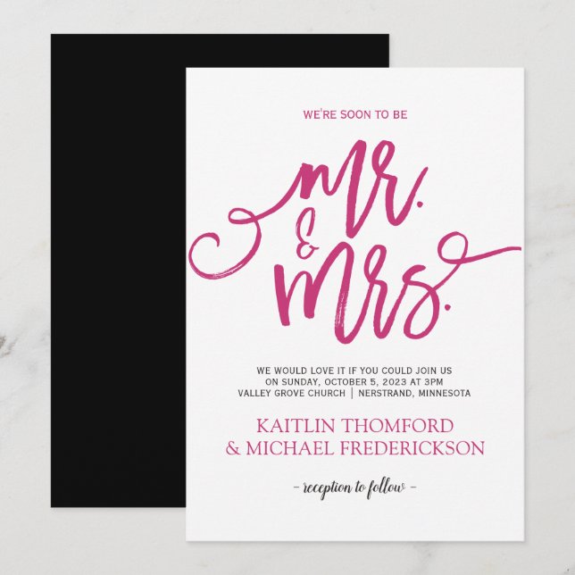 Invitaciones de boda rosa caliente y negro | Letra (Anverso / Reverso)