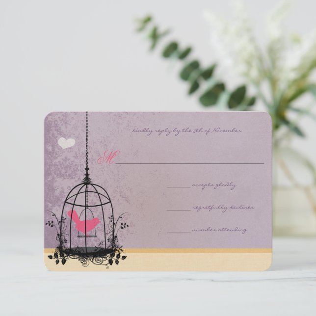 Invitaciones de boda rosa jaula de pájaro y berenj (Anverso de pie)