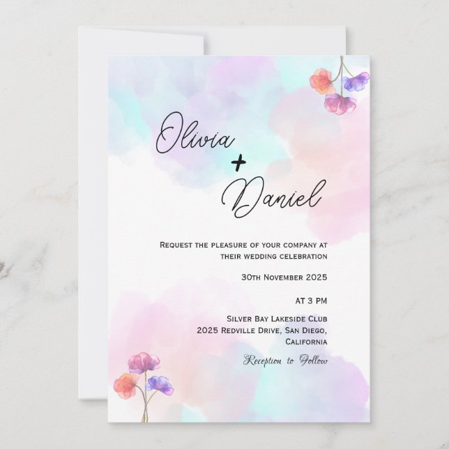 Invitaciones de boda rosa y azul pastel (Anverso)