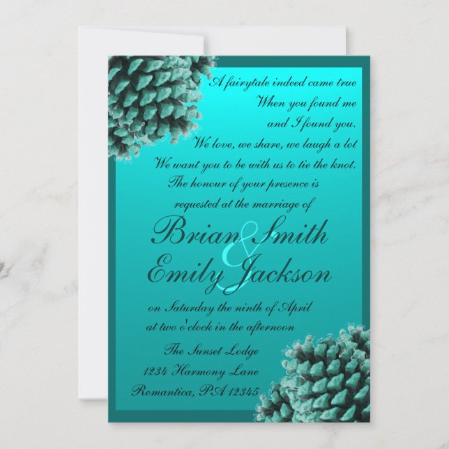 Invitaciones de boda rústicas al cono de pino azul (Anverso)