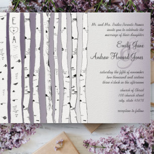 Invitaciones de boda rústicas de abedul y lavanda