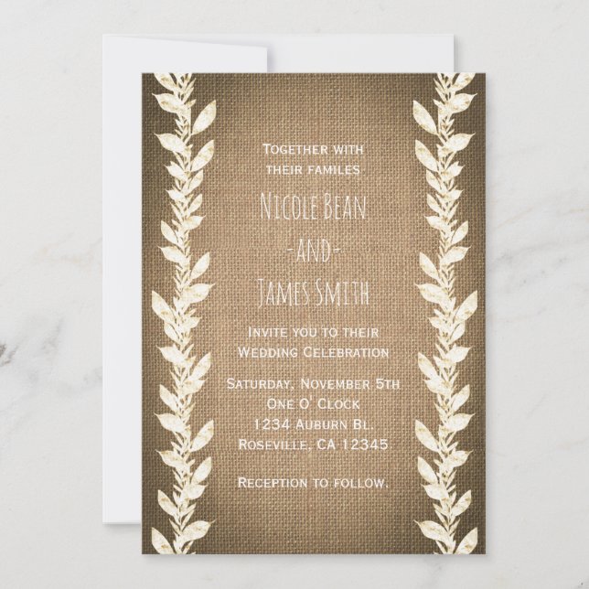 Invitaciones de boda rústicas de arpillera y hojas (Anverso)