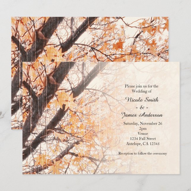 Invitaciones de boda rústicas de hojas de otoño ar (Anverso / Reverso)