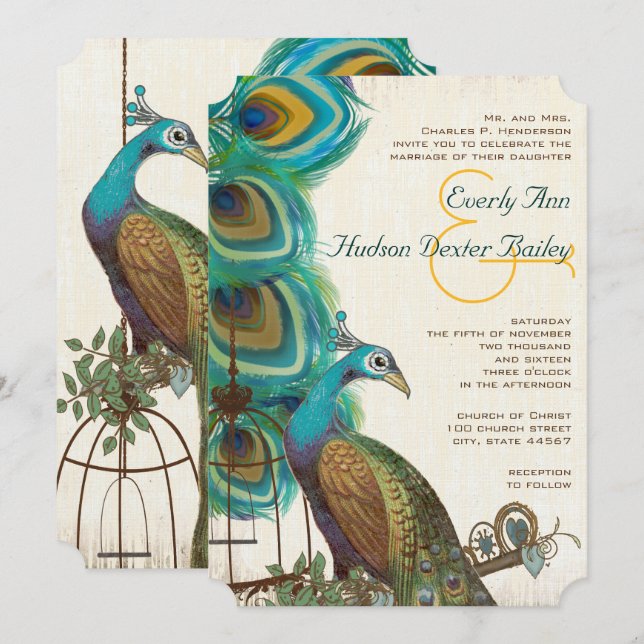Invitaciones de boda rústicas de pavo real jaula d (Anverso / Reverso)