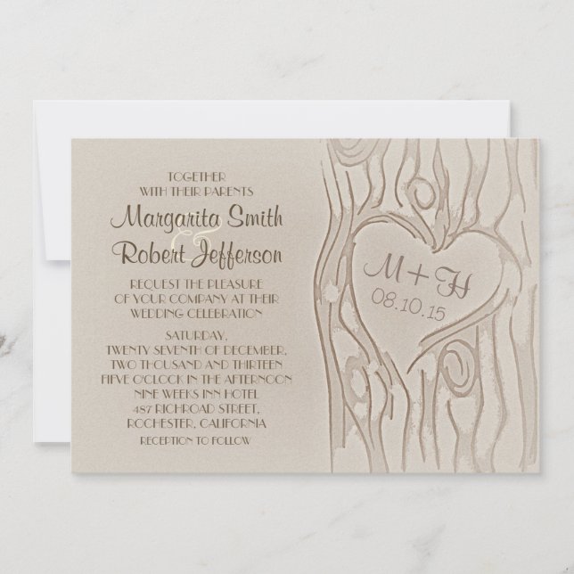 invitaciones de boda rústicas en árbol tallado (Anverso)