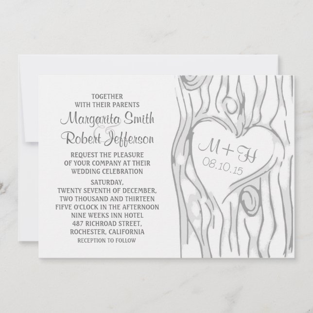 invitaciones de boda rústicas en árbol tallado (Anverso)