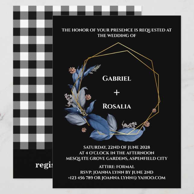 Invitaciones de boda rústicas negras y azul polvor (Anverso / Reverso)