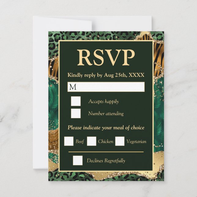 Invitaciones de boda selva safari verde oro brillo (Anverso)