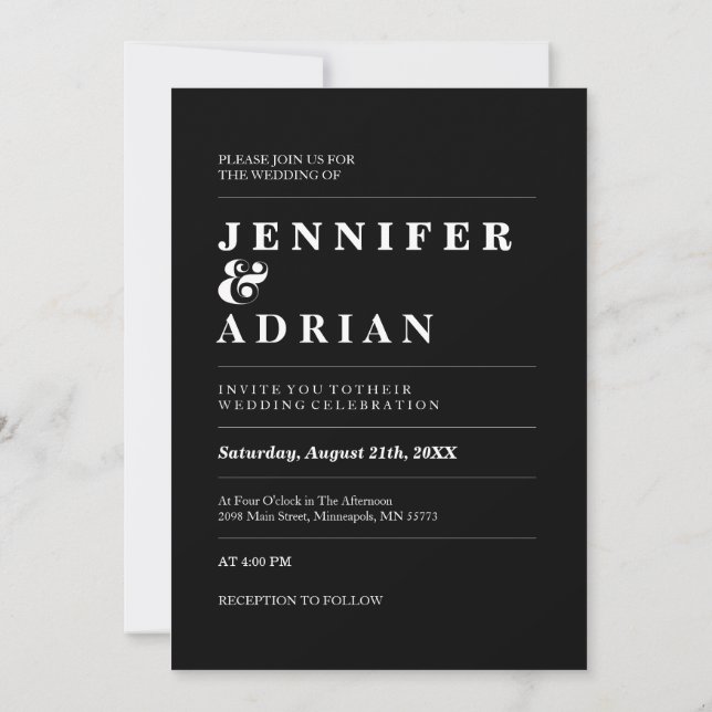Invitaciones de boda simples modernas negras mínim (Reverso)
