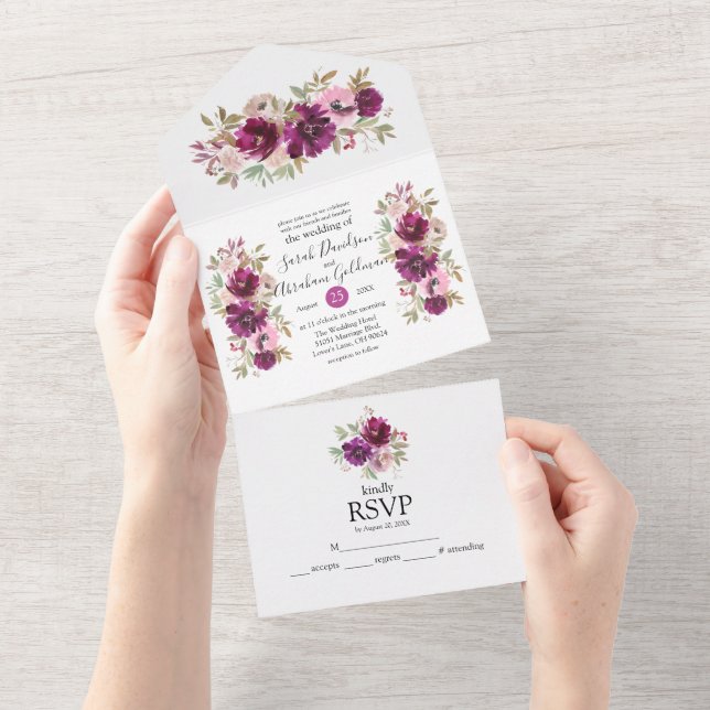 Invitaciones de boda todo en uno con flores morada (desgarro)