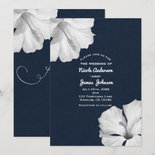 Invitaciones de boda tropical azul de hibisco blan