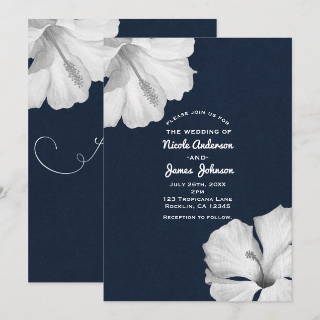 Invitaciones de boda tropical azul de hibisco blan (Anverso / Reverso)