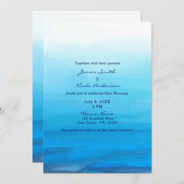Invitaciones de boda tropical de acuarela azul (Anverso / Reverso)