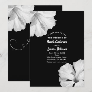 Invitaciones de boda tropicales negras con hibisco