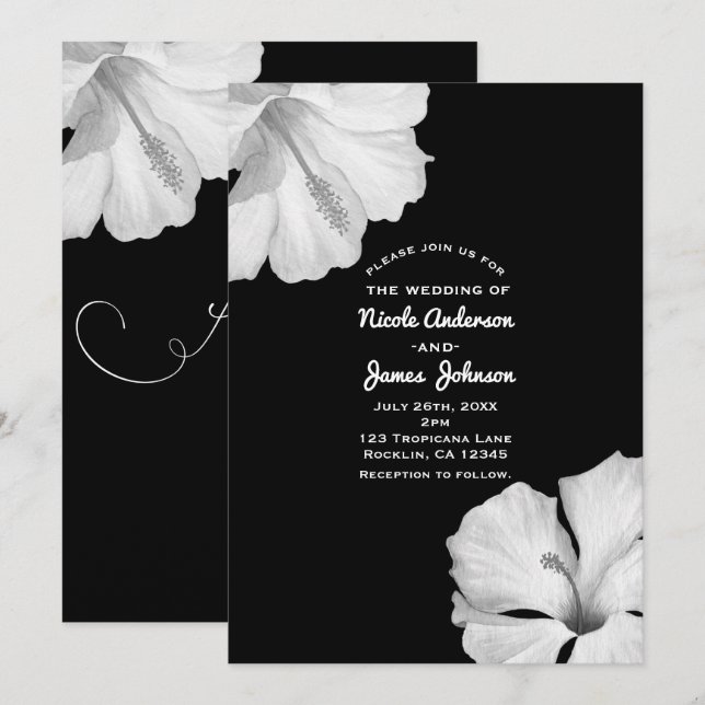 Invitaciones de boda tropicales negras con hibisco (Anverso / Reverso)